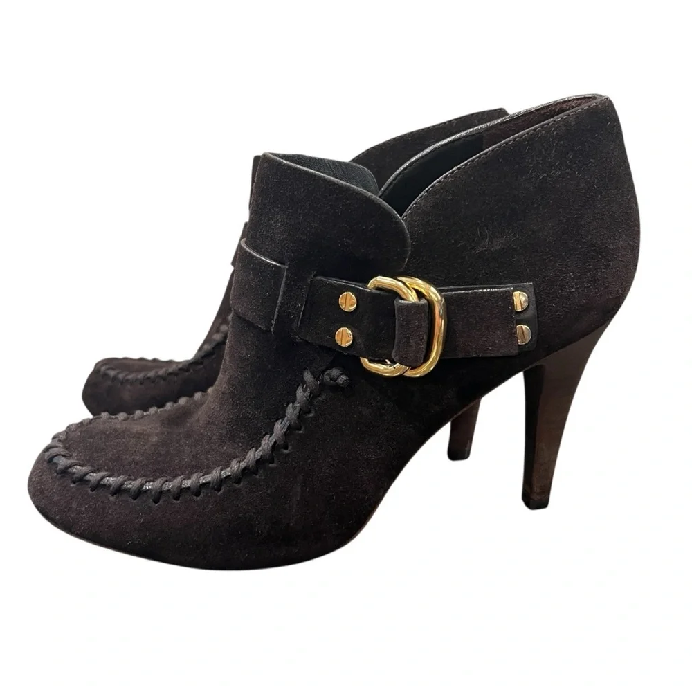 TORY BURCH Belen Suede Ankle Stiletto Booties Brown Buckle Women’s Size 10.5